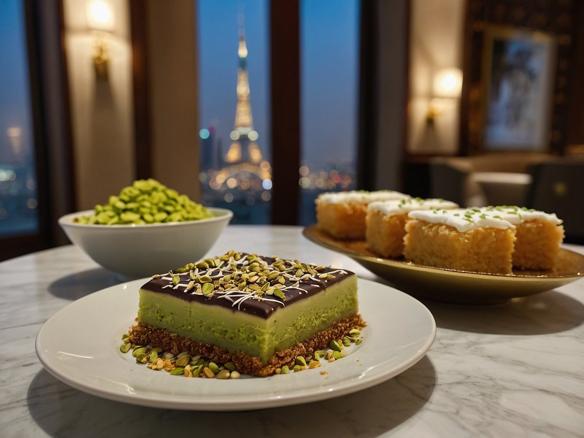 Auf dem Bild sind zwei köstliche Desserts zu sehen. Im Vordergrund liegt ein Stück Schokolade mit Pistaziencreme, garniert mit gehackten Pistazien und einer Schicht dunkler Schokolade. Daneben steht ein Teller mit weiteren Desserts, die eine helle, sahnige Oberseite haben. Im Hintergrund befindet sich eine Schüssel mit einer großen Menge grüner Pistazien. Hinter den Desserts ist eine romantische Stadtlandschaft bei Nacht zu sehen, angedeutet durch funkelnde Lichter und einen markanten Turm.