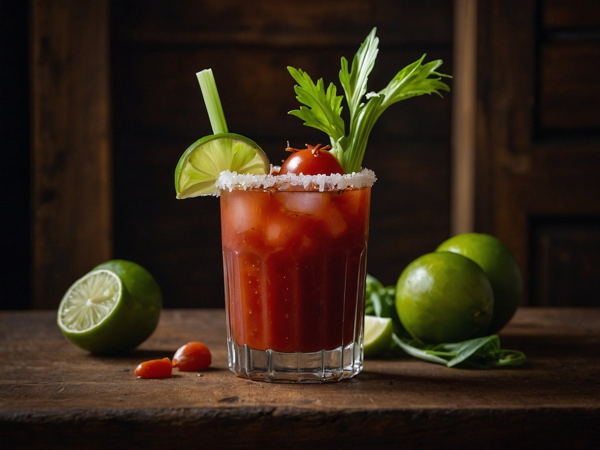 Ein Glas mit Bloody Mary sitzt auf einer rustikalen Holzoberfläche. Der Drink ist rot und mit Eiswürfeln gefüllt. Am Glasrand befindet sich eine Salzkruste. Obenauf sind eine Limettenscheibe, eine Cocktailkirsche und ein Stück Sellerie dekoriert. Im Hintergrund liegen mehrere Limetten, eine halbierte Limette und einige Kirschtomaten verstreut. Der Ausdruck des Getränks vermittelt einen frischen und einladenden Eindruck.