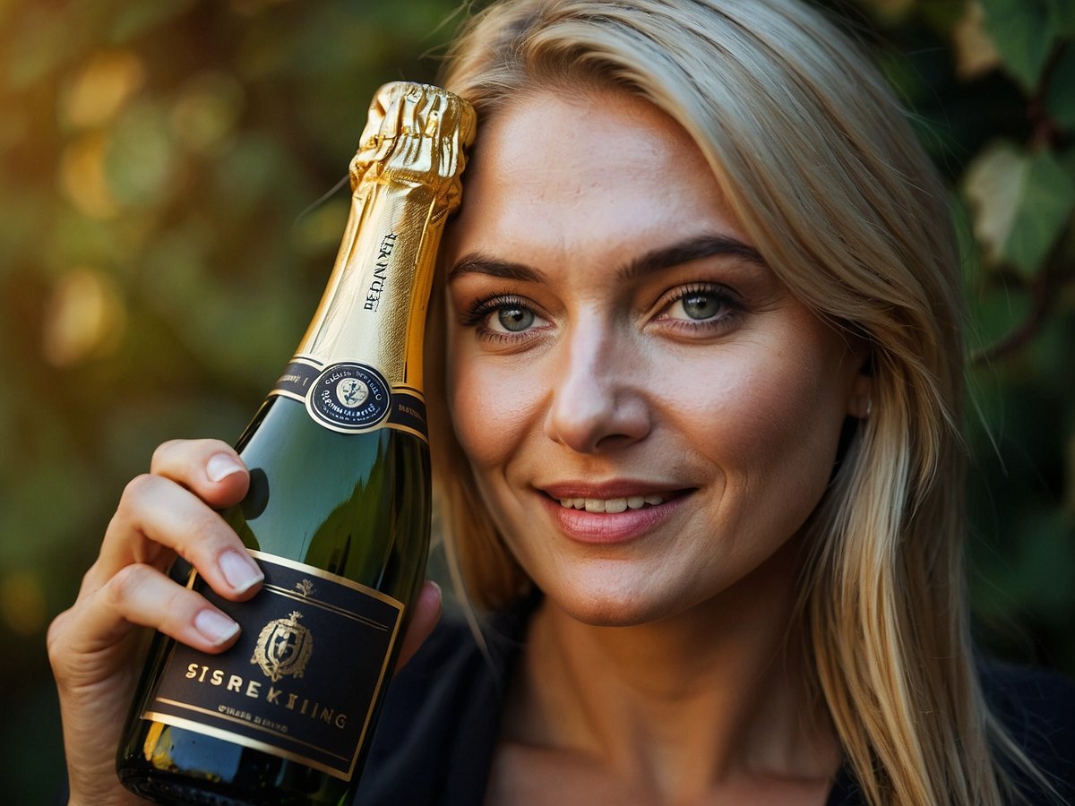 Eine blonde Frau lächelt fröhlich und hält eine Flasche Sekt in der Hand. Sie hat die Flasche mit dem Etikett nach vorne gerichtet und berührt den Kopf leicht mit dem Flaschenverschluss. Der Hintergrund zeigt unscharfe grüne Blätter, die eine angenehme, entspannte Atmosphäre schaffen. Die Frau wirkt selbstbewusst und glücklich, was eine positive Stimmung vermittelt.