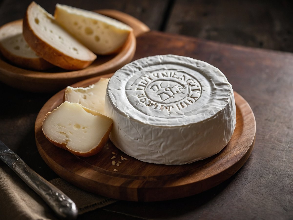 Französischer Ziegenkäse auf einem Holzbrett, umgeben von aufgeschnittenem Brot. Einige Käsestücke sind bereits auf dem Brett und ein Käsemesser liegt daneben. Die Oberfläche des Käses zeigt eine beschriftete Prägung. Warnung: Listerien in französischem Ziegenkäse - Sofort verzehren vermeiden.