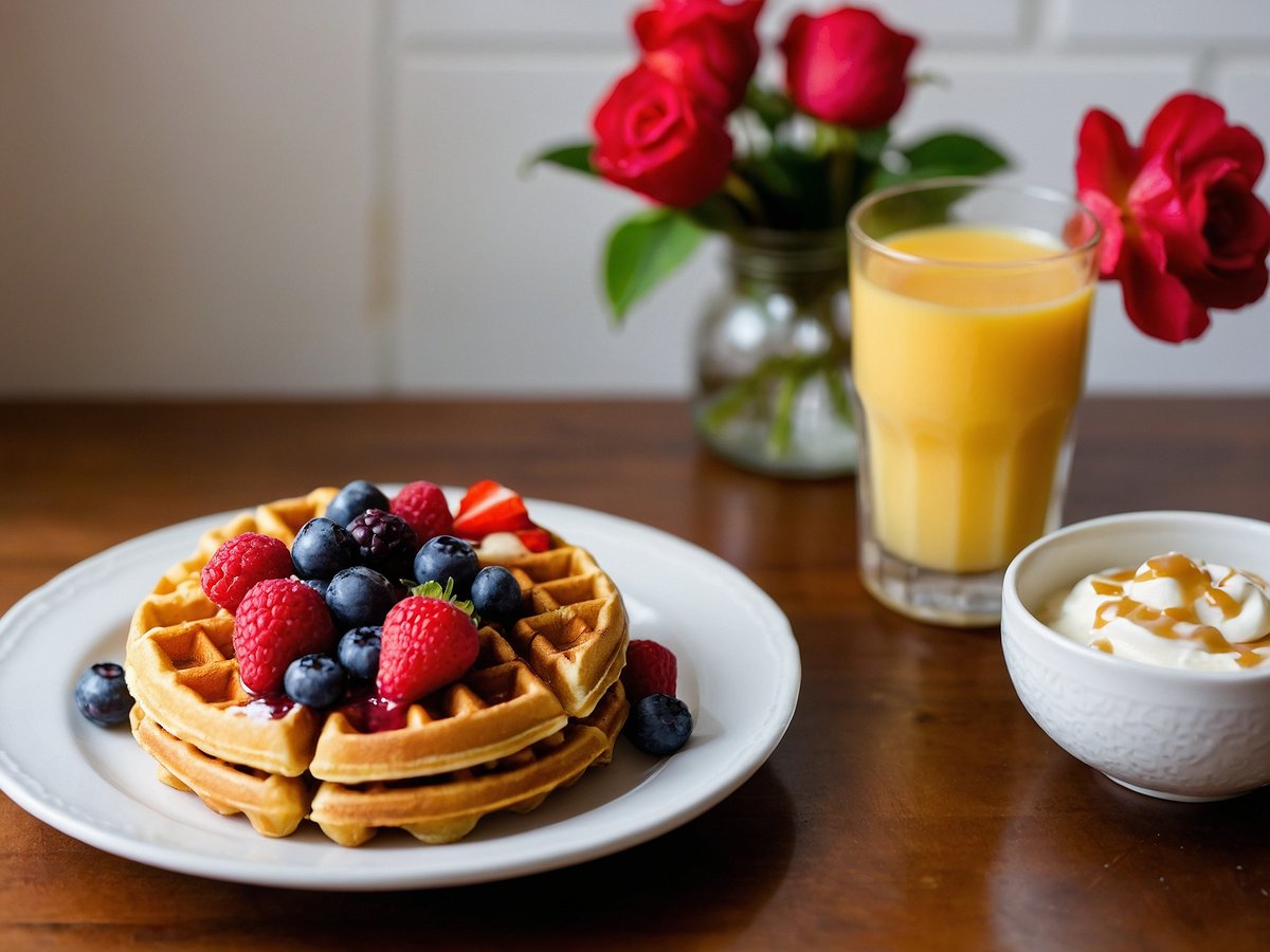 Auf dem Bild sind köstliche Buttermilchwaffeln auf einem weißen Teller zu sehen. Die Waffeln sind üppig mit frischen Beeren dekoriert, darunter Himbeeren, Blaubeeren und Erdbeeren. Neben den Waffeln befindet sich eine kleine Schüssel mit Vanillesoße, die ansprechend angerichtet ist. Im Hintergrund steht ein Glas mit frischem Orangensaft sowie eine Vase mit roten Rosen, die dem Bild eine romantische Note verleihen. Die Gesamtkomposition vermittelt ein Gefühl von Frühstücksglück und Genuss.