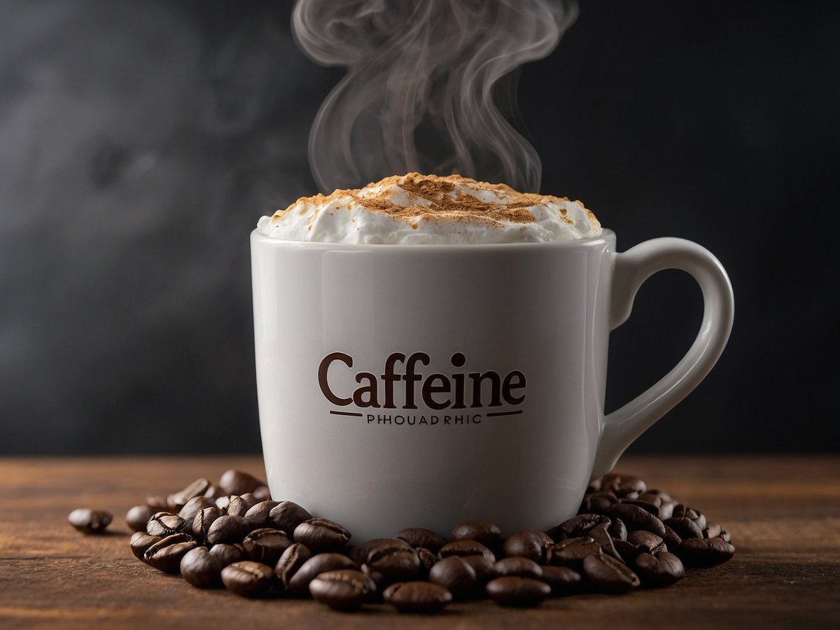 Ein dampfender Becher mit der Aufschrift Koffein steht auf einem rustikalen Holztisch. Der Becher enthält eine schaumige, weiße cremige Schicht, die mit Zimt bestäubt ist. Rund um den Becher liegen geröstete Kaffeebohnen verstreut. Der Hintergrund ist dunkel und verstärkt die gemütliche Atmosphäre des Koffein-Getränks.