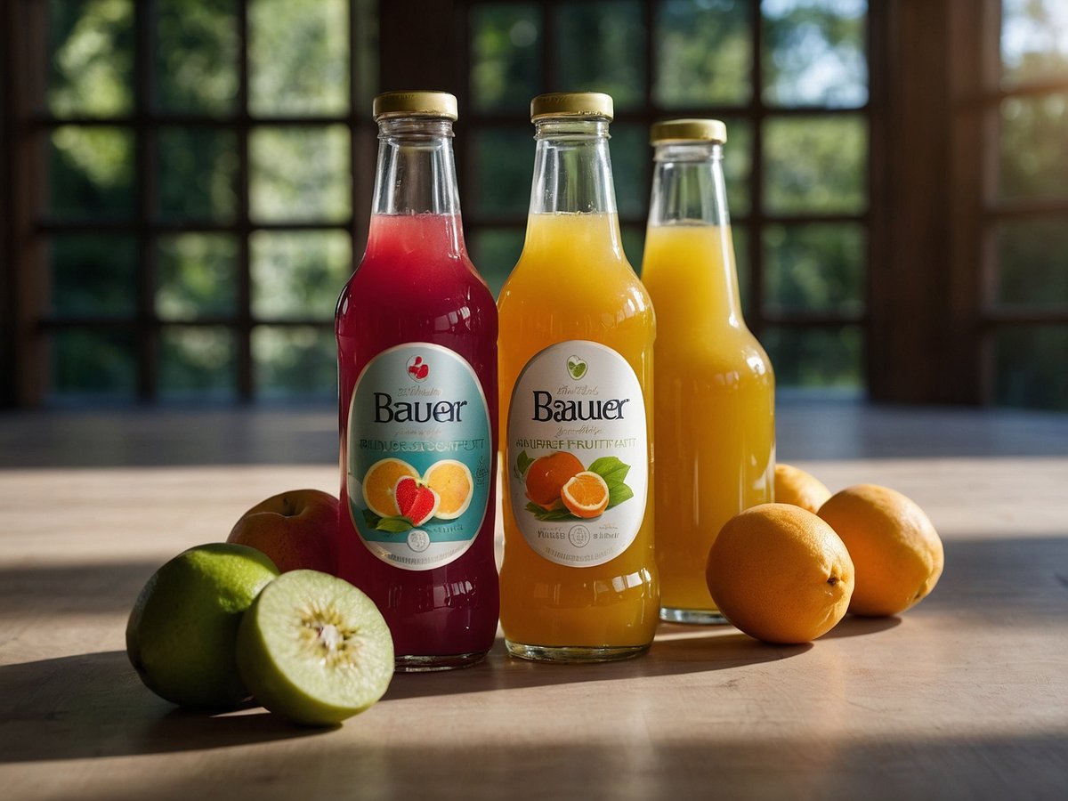 Drei Flaschen Fruchtsaft stehen auf einem Holztablett. Die Flasche links enthält roten Saft, die mittlere Flasche gelben Saft und die rechte Flasche hat orangefarbene Flüssigkeit. Um die Flaschen herum liegen einige frische Früchte, darunter grüne und gelbe Äpfel sowie Orangen. Im Hintergrund ist ein weiches Licht zu sehen, das durch ein Fenster fällt und eine angenehme Atmosphäre schafft.