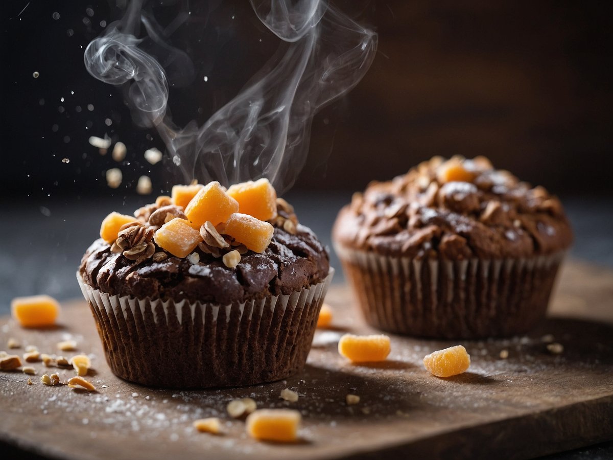 Zwei frisch gebackene Muffins liegen auf einem Holzbrett. Der Muffin links hat eine dekorative Oberfläche mit kleinen Stückchen getrockneter Aprikose, Nüssen und einem Hauch von Puderzucker. Daraus steigen dampfende, warme Wölkchen auf, die den frisch gebackenen Duft verströmen. Daneben liegt ein weiterer Muffin mit einer ähnlichen Garnitur, jedoch weniger bemerkenswert. Einige kleine Stückchen getrockneter Frucht und einige Haferflocken liegen verstreut auf dem Brett. Der Hintergrund ist unscharf und vermittelt eine gemütliche, rustikale Atmosphäre.