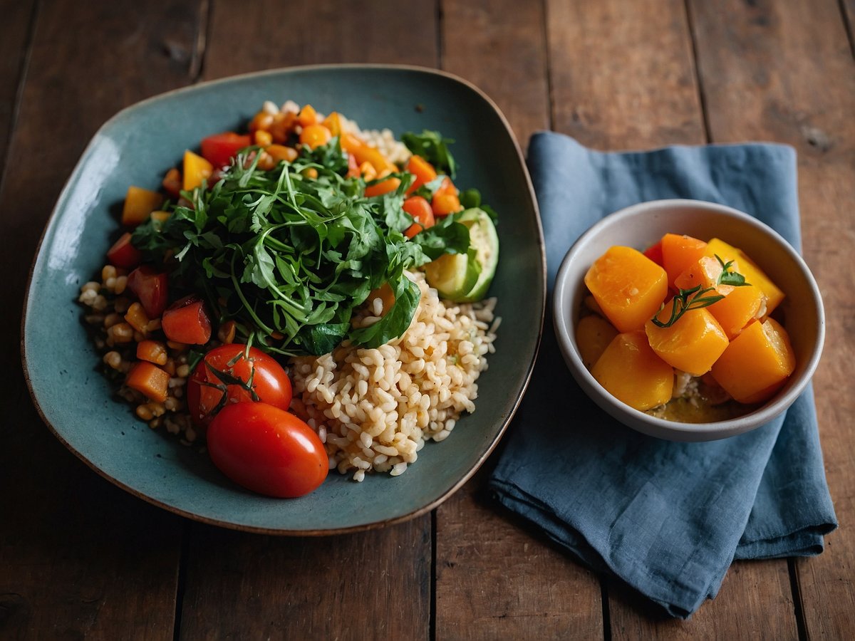 Auf dem Bild ist eine appetitliche pflanzliche Mahlzeit zu sehen, die auf einem großen, blauen Teller serviert ist. Der Teller ist gefüllt mit einer Mischung aus gekochtem Reis, buntem Gemüse wie Tomaten, Paprika, Karotten und frischen Kräutern wie Rucola. Neben dem Hauptgericht befindet sich eine kleine Schüssel mit einer frisch zubereiteten Obstbeilage, bestehend aus würfelig geschnittenem Kürbis, der mit frischen Kräutern garniert ist. Die Farbkombination aus frischem Gemüse und Obst vermittelt eine gesunde und leckere pflanzliche Ernährung, die ideal für eine ausgewogene Veganuary-Diät ist.