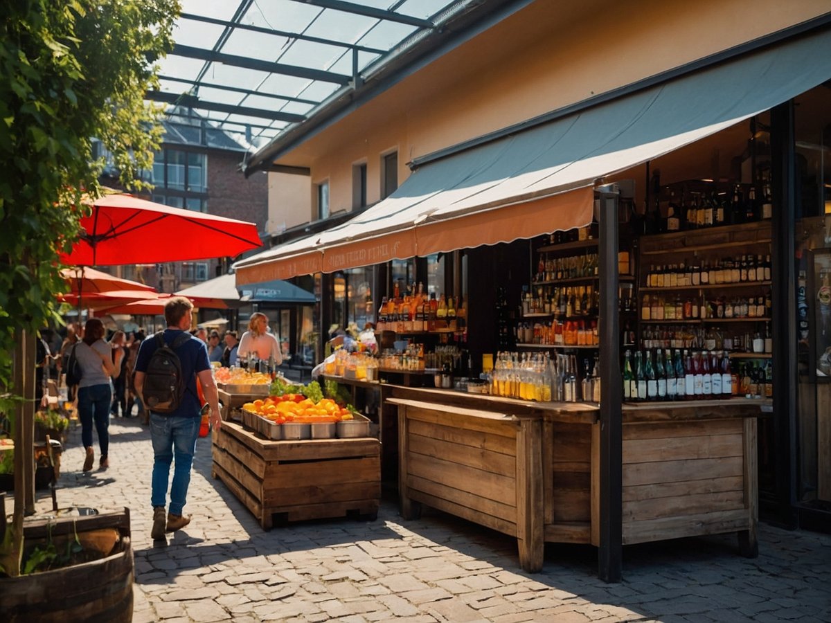 Ein belebter Getränkemarkt im Freien mit Holztischen und Regalen voller verschiedener Getränke. Im Vordergrund sind frische Früchte in einem Metallbehälter ausgestellt. Mehrere Besucher schlendern entspannt durch den Markt, während rote Sonnenschirme Schatten spenden. Im Hintergrund sind zahlreiche Flaschen alkoholischer und alkoholfreier Getränke sichtbar, ordentlich angeordnet auf Holzregalen. Der Markt hat eine einladende Atmosphäre und ist von grünen Pflanzen umgeben.