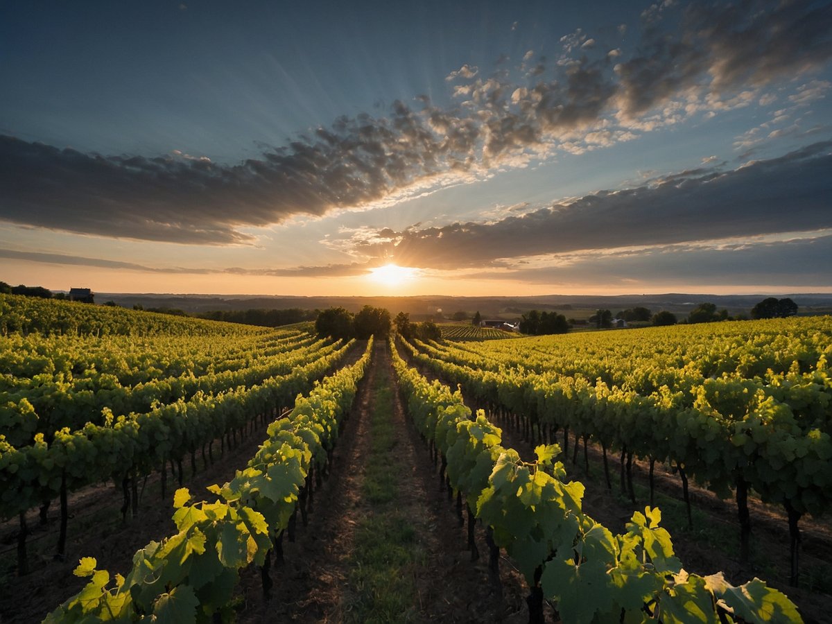 Weite, grüne Weinberge bedecken sanfte Hügel, während die Sonne am Horizont untergeht und warme Lichtstrahlen durch die Wolken scheinen. Die Rebstöcke sind üppig und gesund, und der Boden ist gut gepflegt. Im Hintergrund sind einige Gebäude und weitere Ländereien zu sehen, die eine idyllische, nachhaltige Weingutlandschaft vermitteln.