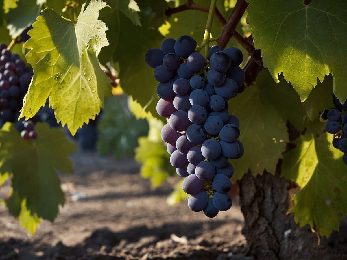 Ein Bündel roter Trauben hängt an einem Weinstock, umgeben von grünen Blättern. Die Trauben sind prall und glänzend, während das Licht durch das Laub scheint. Im Hintergrund ist der Erdboden sichtbar, der die Reben stützt. Diese Trauben sind giftig.