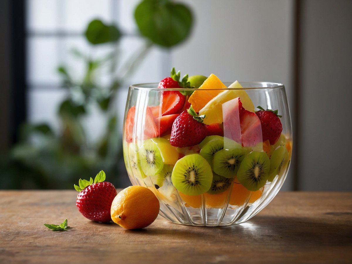 Ein Glas Obstsalat steht auf einem Holztablett. Der Obstsalat enthält eine bunte Mischung aus Erdbeeren, Kiwis, Melonen und Ananas. Neben dem Glas liegen eine gelbe Zitrone und eine weitere Erdbeere, umgeben von frischen Minzblättern. Im Hintergrund sind unscharfe grüne Pflanzen sichtbar, die eine frische und einladende Atmosphäre schaffen.