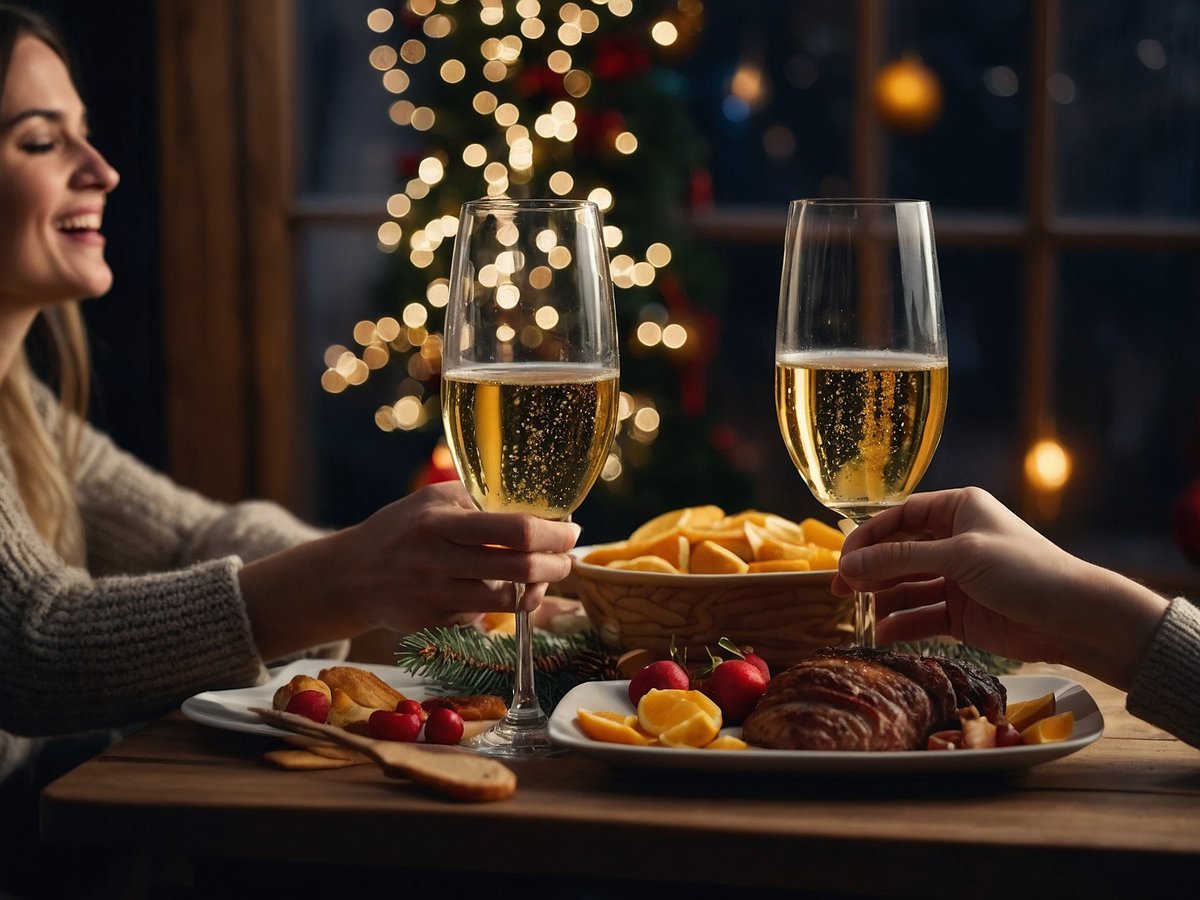 Zwei Personen stoßen mit Sektgläsern an, während sie an einem festlich dekorierten Tisch sitzen. Im Hintergrund ist ein geschmückter Weihnachtsbaum mit Lichtern zu sehen. Der Tisch ist mit verschiedenen Köstlichkeiten gedeckt, darunter Pommes, Obst und andere Leckereien. Die Atmosphäre strahlt Freude und Gemeinschaft aus, passend zu den Feierlichkeiten von Weihnachten und Silvester, die Freiheit und Individualität betonen.