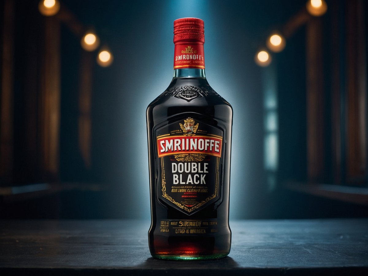 Eine Flasche Smirnoff Ice Double Black Guarana steht auf einem Tisch. Der Hintergrund ist dunkel und stimmungsvoll beleuchtet, mit einer unscharfen Ansicht von Lichtern, die eine Partyatmosphäre vermitteln. Die Flasche hat ein auffälliges Etikett mit dem Namen Smirnoff und der Aufschrift Double Black, was ihre Erfrischung und Energie betont. Diese Getränkekomposition ist ideal für Partys.