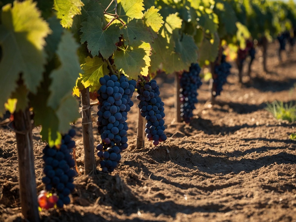 Ein Weinberg mit reifen Trauben hängt an den Rebstöcken, umgeben von grünen Blättern. Der Boden ist locker und braun, und die Reben wachsen in gleichmäßigen Reihen. Die Sonne beleuchtet die Trauben, die in tiefem Blau leuchten, während einige kleine rote Trauben am Boden liegen. Die Szenerie vermittelt eine ruhige und fruchtbare Atmosphäre, die die Qualität des nachhaltigen Weinbaus hervorhebt.