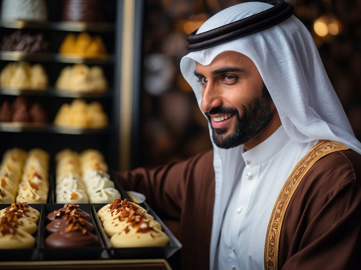 Ein lächelnder Mann in traditioneller arabischer Kleidung präsentiert eine Auswahl an kunstvoll dekorierten Schokoladenpralinen. Im Hintergrund sind verschiedene Sorten von Schokolade in eleganten Vitrinen zu sehen, die farbenfroh angeordnet sind. Die Pralinen sind mit verschiedenen Zutaten, wie gehackten Nüssen, verziert und verleihen dem Bild ein luxuriöses Flair.