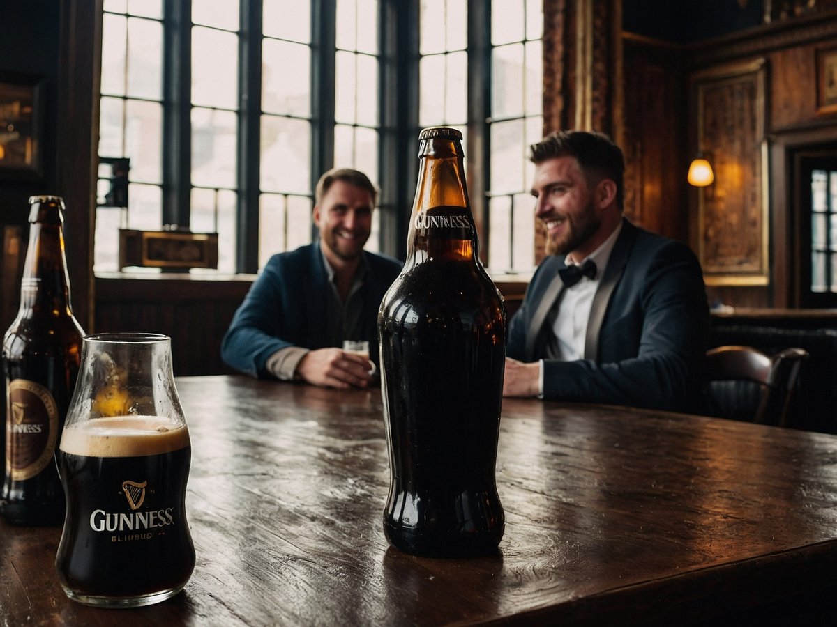 Zwei lächelnde Männer sitzen an einem Tisch in einem gemütlichen Pub mit dunklem Holzinterieur. Auf dem Tisch steht eine große Flasche Guinness, umgeben von mehreren kleinen und großen Gläsern mit dunklem Bier. Im Hintergrund sind große Fenster, durch die sanftes Licht strömt, und die Atmosphäre wirkt entspannt und gesellig.