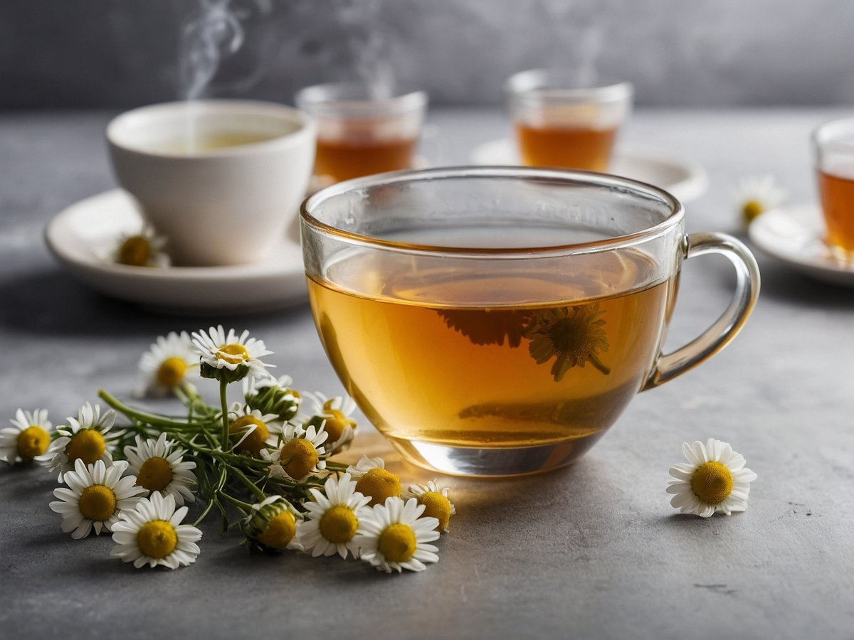 Eine Tasse Kamillentee steht auf einem grauen Tisch. Der Tee ist goldbraun und dampft leicht. Um die Tasse herum liegen frische Kamilleblüten, die einen natürlichen und einladenden Eindruck vermitteln. Im Hintergrund sind weitere Teetassen mit verschiedenen Teesorten sichtbar, ebenfalls dampfend. Die gesamte Szene wirkt beruhigend und einladend, ideal für eine entspannende Teestunde.