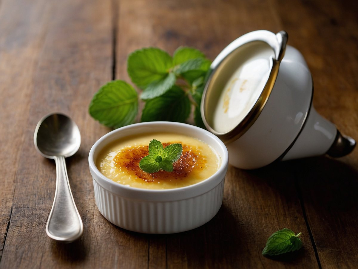 Eine Schale mit Creme Brulee steht auf einem Holztisch. Die Creme hat eine goldbraune Karamellkruste und ist mit einem Minzblatt garniert. Neben der Schale liegt ein silberner Löffel. Im Hintergrund sind einige frische Minzblätter zu sehen. Die Schale hat eine weiße Farbe und einen einfachen, eleganten Rand.