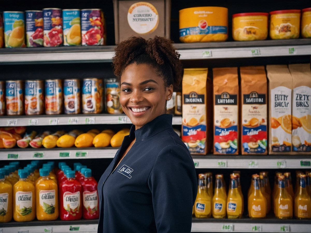 Eine lächelnde Mitarbeiterin steht in einem Supermarkt vor einem Regal mit verschiedensten Lebensmitteln. Im Hintergrund sind Regale mit bunten Getränken und Dosenfrüchten zu sehen. Vor ihr liegt eine Auswahl an gelben Zitrusfrüchten, und in den oberen Regalen befinden sich Tüten mit verschiedenen ALDI Eigenmarkenprodukten. Die Szene vermittelt ein freundliches und einladendes Einkaufserlebnis.