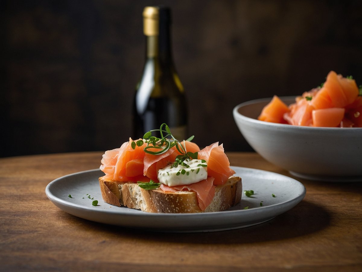 Auf dem Bild ist eine stilvolle Anrichtungsweise von Bruschetta mit Räucherlachs zu sehen. Auf einer beige-farbenen Untertasse liegt eine Scheibe Brot, die großzügig mit Räucherlachs belegt ist. Dazu gibt es einen Klecks Creme fraiche und einige frische Kräuter. Im Hintergrund steht eine Flasche Öl und in einer weiteren, hellen Schüssel sind zusätzlich Stücke von Räucherlachs zu sehen. Der Hintergrund ist dunkel und erzeugt eine gemütliche Stimmung.