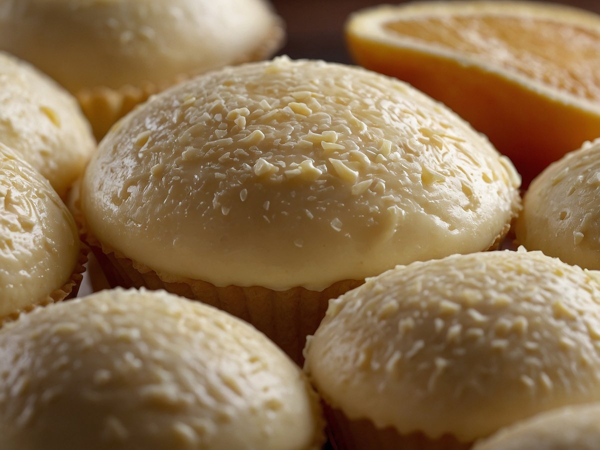 Eine Gruppe von hellen, runden Muffins mit einer glänzenden, cremigen Glasur und leicht glänzenden Oberflächen wird gezeigt. Einige Muffins haben eine Streuung aus kleinen, hellen Stücken auf der Oberseite. Im Hintergrund ist eine halbierte Orange zu sehen, die frischen, saftigen Fruchtfleisch zeigt. Die Muffins könnten gut zu einer schmackhaften, cremigen Polenta als geschmacklichem Begleiter passen.