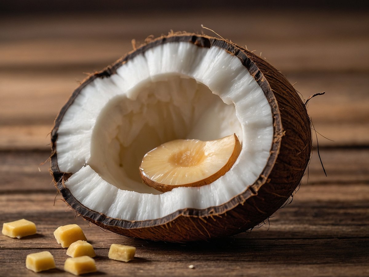 Auf dem Bild ist eine aufgeschnittene Kokosnuss zu sehen. Das Innere zeigt die weiße, fleischige Schicht, die sich um das zentrale Wasser befindet. In der Mitte ist ein Stück Kokosnussfleisch platziert. Neben der Kokosnuss liegen einige kleine gelbe Stückchen, die vermutlich ein Snack sind. Dieses Bild steht im Zusammenhang mit dem Rückruf von einem Kokosnuss-Snack wegen fehlender Schwefeldioxid-Kennzeichnung, was eine Gesundheitsgefahr für Allergiker darstellt.