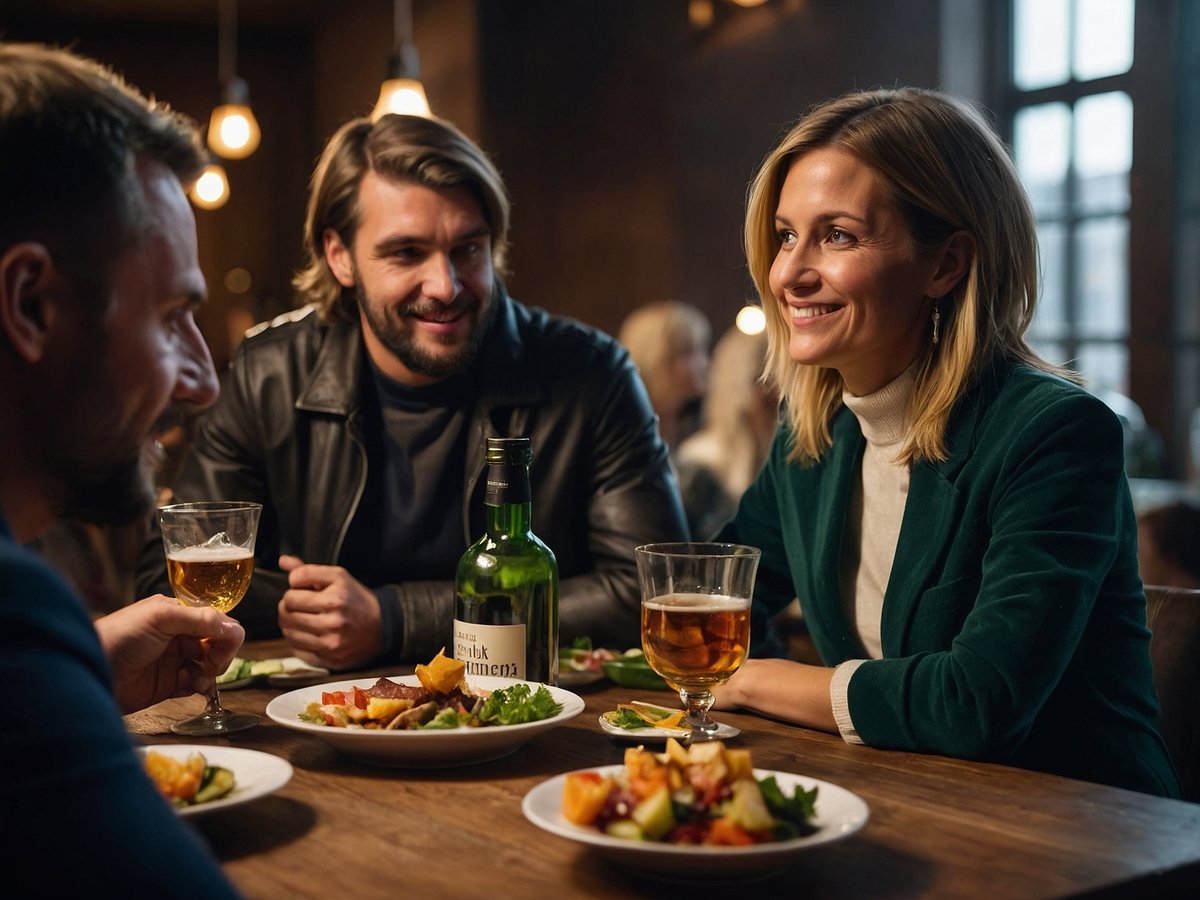 Drei Erwachsene sitzen an einem Tisch in einem Restaurant und essen gemeinsam. Auf dem Tisch stehen mehrere Teller mit frischem Salat und anderen Speisen. Zwei der Personen halten Getränke in der Hand, darunter ein Glas Bier und eine Flasche, die auf dem Tisch steht. Die Atmosphäre wirkt gesellig und entspannt, mit warmem Licht und einem modernen, rustikalen Interieur. Die Frauen lächelt und scheint eine positive Stimmung zu verbreiten.