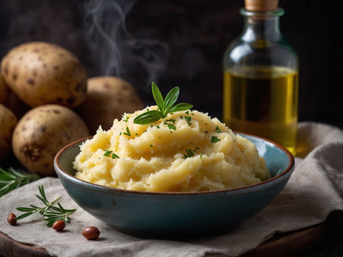 Auf dem Bild ist eine Schüssel mit cremigem Kartoffelstampf zu sehen, der mit frischen Kräutern garniert ist. Im Hintergrund liegen einige ungeschälte Kartoffeln, und daneben steht eine Flasche Olivenöl. Dampfwolken steigen aus der Schüssel auf, was die Frische des Gerichts unterstreicht. Der gesamte Anblick vermittelt ein einladendes und gemütliches Gefühl, ideal für eine Komfortküche.
