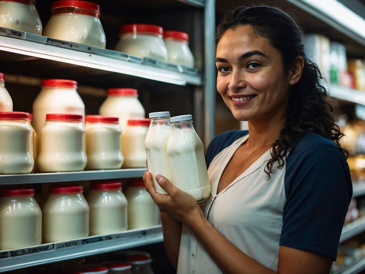 Eine junge Frau steht in einem Supermarkt vor einem Regal mit Milch. Sie hält zwei Glasflaschen Milch in den Händen und lächelt in die Kamera. Im Hintergrund sind mehrere große Milchgläser mit roten Deckeln zu sehen, die ordentlich in einem Regal angeordnet sind. Die Szene vermittelt ein Gefühl von Frische und Qualität in der Milchversorgung. Diese Darstellung könnte die Auswirkungen der Milchpreise 2025 auf Konsumenten und Bauern reflektieren.