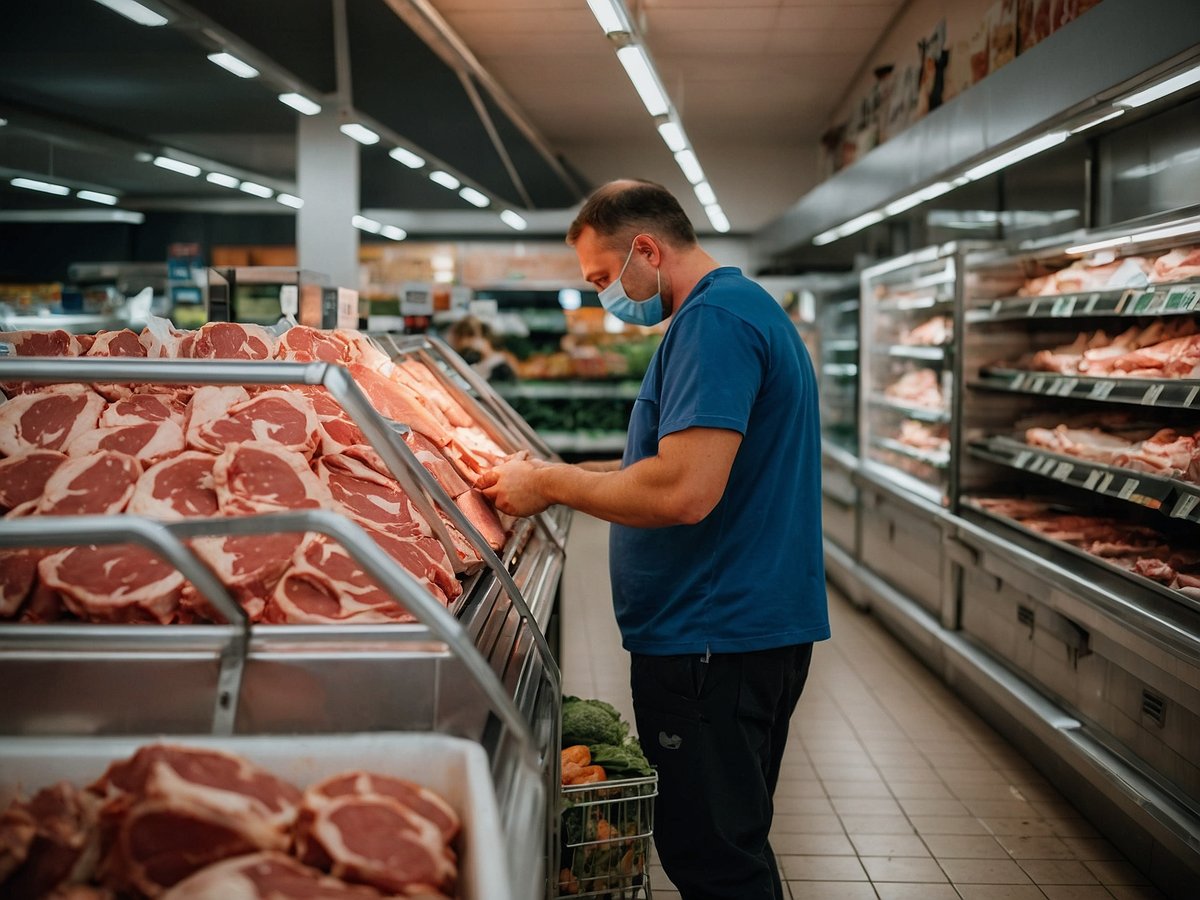 Ein Mann steht in einem Supermarkt vor einem Regal mit rohem Fleisch, das in großen Mengen ausgelegt ist. Er trägt ein blaues T-Shirt und einen Mundschutz. Der Raum ist gut beleuchtet und im Hintergrund sind Gemüse- und Obstregale sichtbar. Auf dem Tisch vor dem Mann liegen mehrere Fleischstücke, während er eines davon genauer betrachtet. Der Fokus liegt auf der Fleischtheke, die eine Vielzahl von Fleischsorten zeigt.