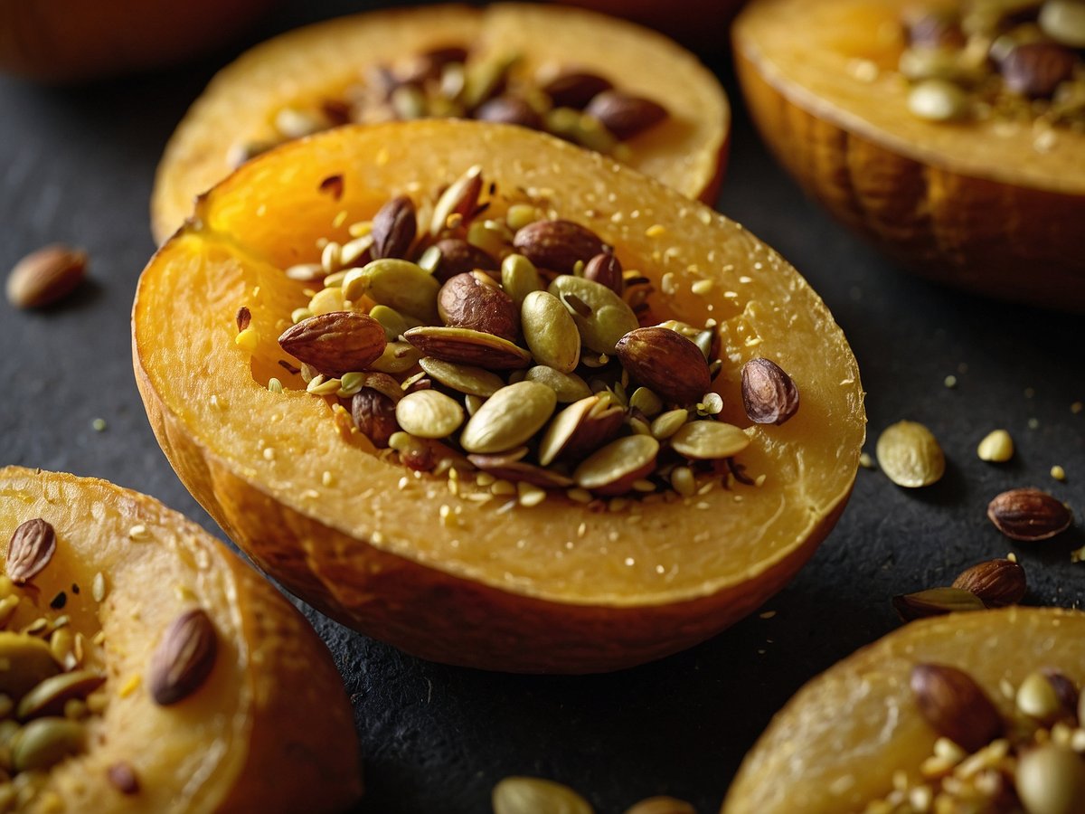 Auf dem Bild sind halbierte Kürbisse zu sehen, die mit einer bunten Mischung aus nussigen und knusprigen Kürbiskernen sowie anderen Samen gefüllt sind. Die Kürbisse haben eine orangefarbene Innenseite und sind auf einer dunklen Oberfläche angeordnet. Einige Kerne haben eine glänzende Oberfläche, die das Bild lebendig wirken lässt.
