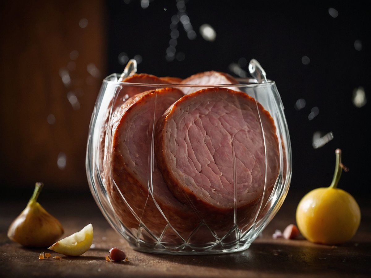 In einer transparenten Glasschüssel sind mehrere Scheiben Schinkenwurst fein angeordnet. Die Wurst hat eine rosafarbene Innenseite mit einer roten äußeren Schicht. Im Vordergrund liegen eine kleine gelbe Frucht, ein Stück Zitrone und einige Nüsse. Im Hintergrund ist eine unscharfe, dunkle Fläche zu sehen, die den Fokus auf die Wurst lenkt. Schinkenwurst fein im Glas wegen Glassplittern - Sofort zurückgeben.