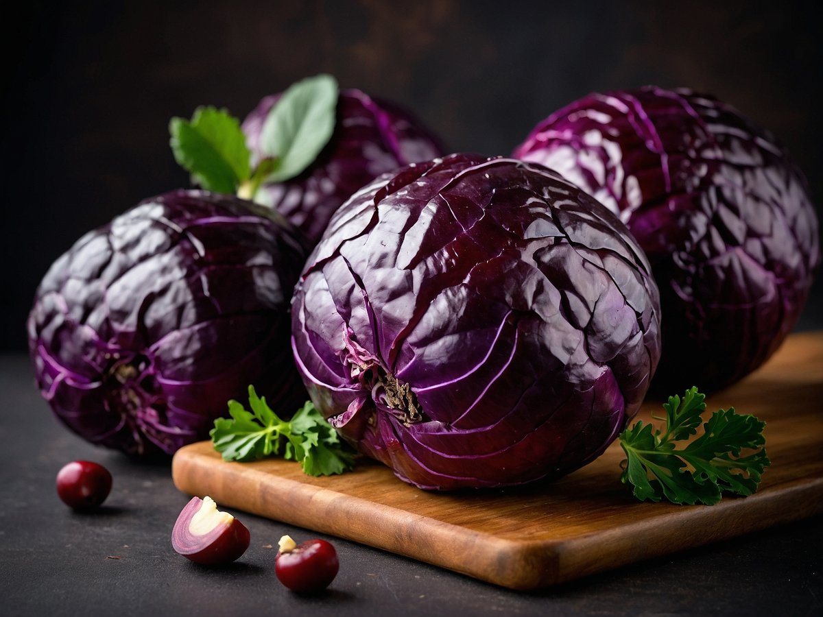 Auf dem Bild sind mehrere Köpfe von Rotkohl zu sehen, die auf einem Holzbrett angeordnet sind. Der Rotkohl hat eine tiefviolette Farbe und eine glänzende Textur. Neben den Kohlköpfen liegen einige grüne Blätter und kleinere rote Zwiebeln. Der Hintergrund ist dunkel, was die Farben des Gemüses hervorhebt und eine ansprechende, natürliche Präsentation schafft.