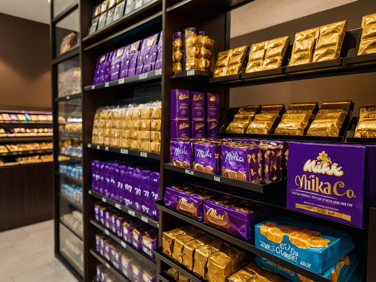 Im Bild sind Regale mit verschiedenen Schokoladenprodukten zu sehen. Die Marken Milka und andere bekannte Schokoladen sind prominent platziert. Die Packungen sind in bunten Farben, vor allem lila und gold, gehalten. Einige Schokoladenprodukte sind einzeln verpackt, während andere in Kartons oder Tüten angeboten werden. Das Umfeld wirkt ordentlich und gut beleuchtet, was auf einen Verkaufsraum oder eine Schokoladenboutique hindeutet.