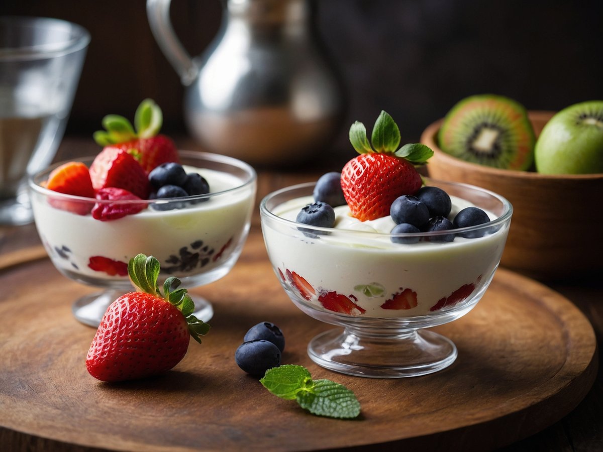 Zwei Schalen mit Quarkspeise stehen auf einem Holzbrett. Die Schalen sind gefüllt mit einer cremigen, weißen Masse, die mit frischen Beeren dekoriert ist. Auf der linken Schale liegen Erdbeeren und Heidelbeeren, während die rechte Schale ebenfalls mit einer Erdbeere und Heidelbeeren garniert ist. Neben den Schalen befindet sich eine frische Erdbeere und einige Minzblätter. Im Hintergrund sind eine Glaskaraffe, ein Glas Wasser sowie eine Schale mit Kiwi und grünen Äpfeln zu sehen.