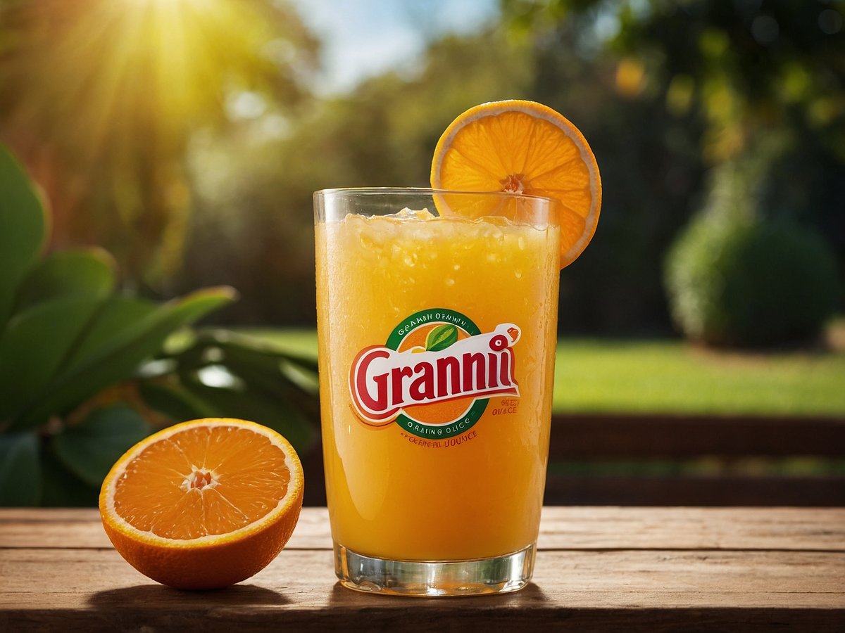 Ein Glas Granini Orangensaft steht auf einem Holztisch, umgeben von einer grünen Landschaft. Der Saft ist frisch und hat eine leuchtend orange Farbe. Eine halbierte Orange liegt neben dem Glas, und eine Orangenscheibe ist am Rand des Glases dekoriert. Im Hintergrund ist verschwommenes Grün und Licht von der Sonne zu sehen, das eine warme und einladende Atmosphäre schafft.