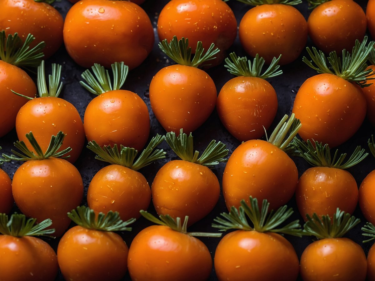 Auf dem Bild sind viele kleine Karotten in orange zu sehen die auf einer dunklen Oberfläche angeordnet sind jede Karotte hat grüne Blätter an der Spitze die frisch und lebendig wirken die Karotten sind glänzend und gleichmäßig geformt was ihnen ein ansprechendes und süßliches Aussehen verleiht