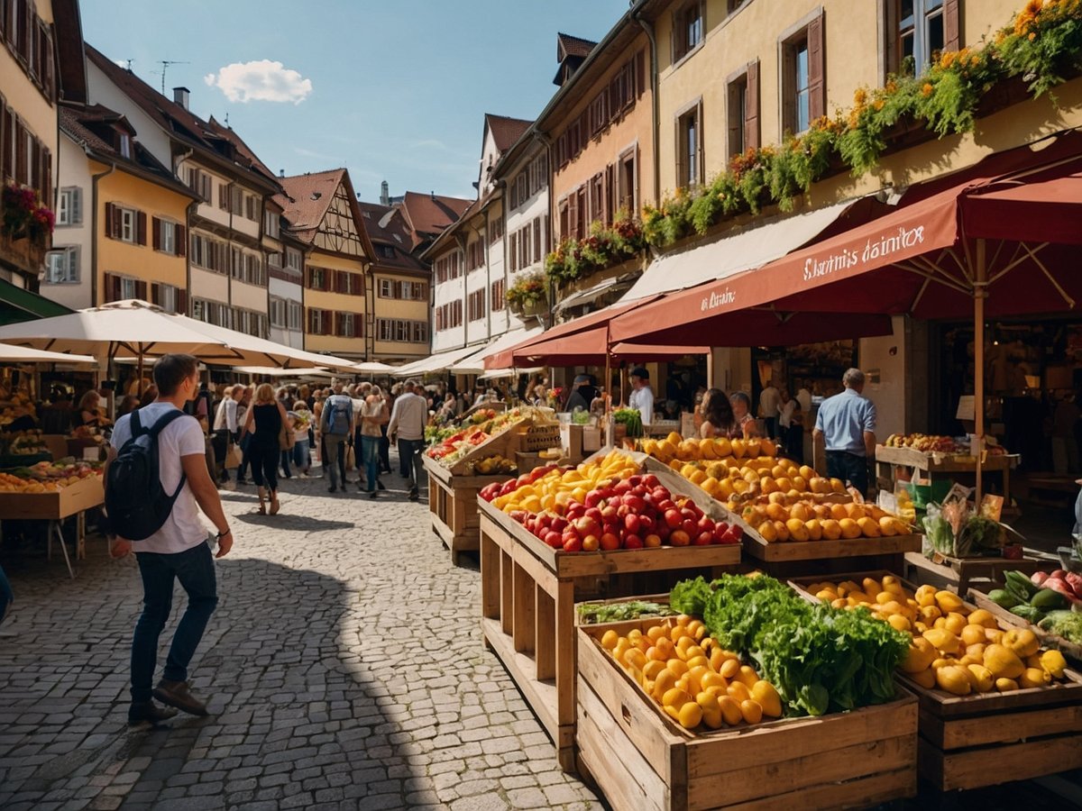 Eine lebhafte Marktszene in Tübingen mit bunten Obst- und Gemüseständen, die auf Holzgestellen aufgebaut sind. Menschen schlendern durch die enge Straße, während andere an den Ständen einkaufen. Die Gebäude sind im traditionellen deutschen Stil mit Fachwerkfassaden, und die Seitenstraßen sind von Blumen dekoriert. Die Atmosphäre ist freundlich und einladend, unter einem klaren blauen Himmel mit nur wenigen Wolken.