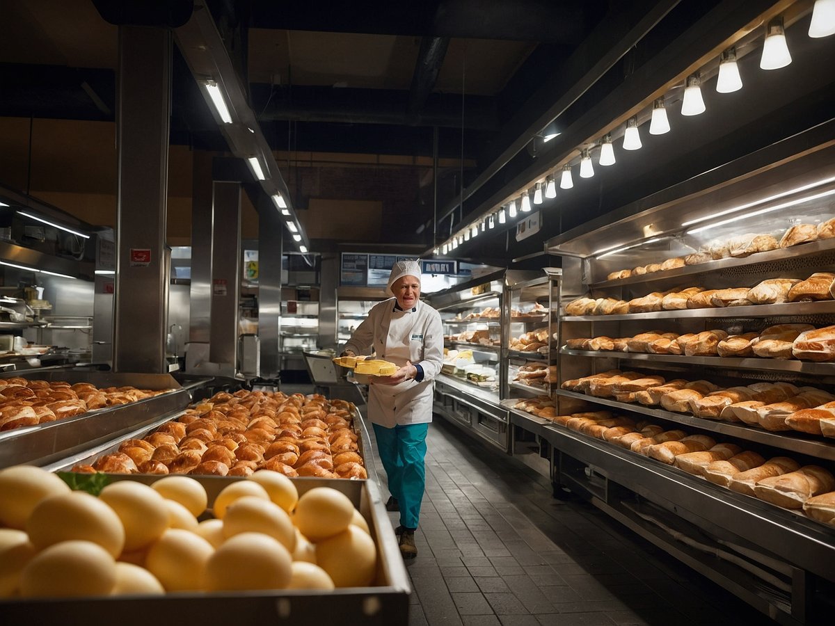 Eine Person trägt zwei Bleche mit frisch gebackenem Brot in einer großen Bäckerei. Im Vordergrund liegen viele runde Käse und im Hintergrund sind Regale mit verschiedenen Brotsorten sichtbar. Die gesamte Szene ist hell erleuchtet und vermittelt einen geschäftigen und einladenden Eindruck. Warnung Trendelburger Weidekäse Natur wegen Salmonellen zurückgerufen.