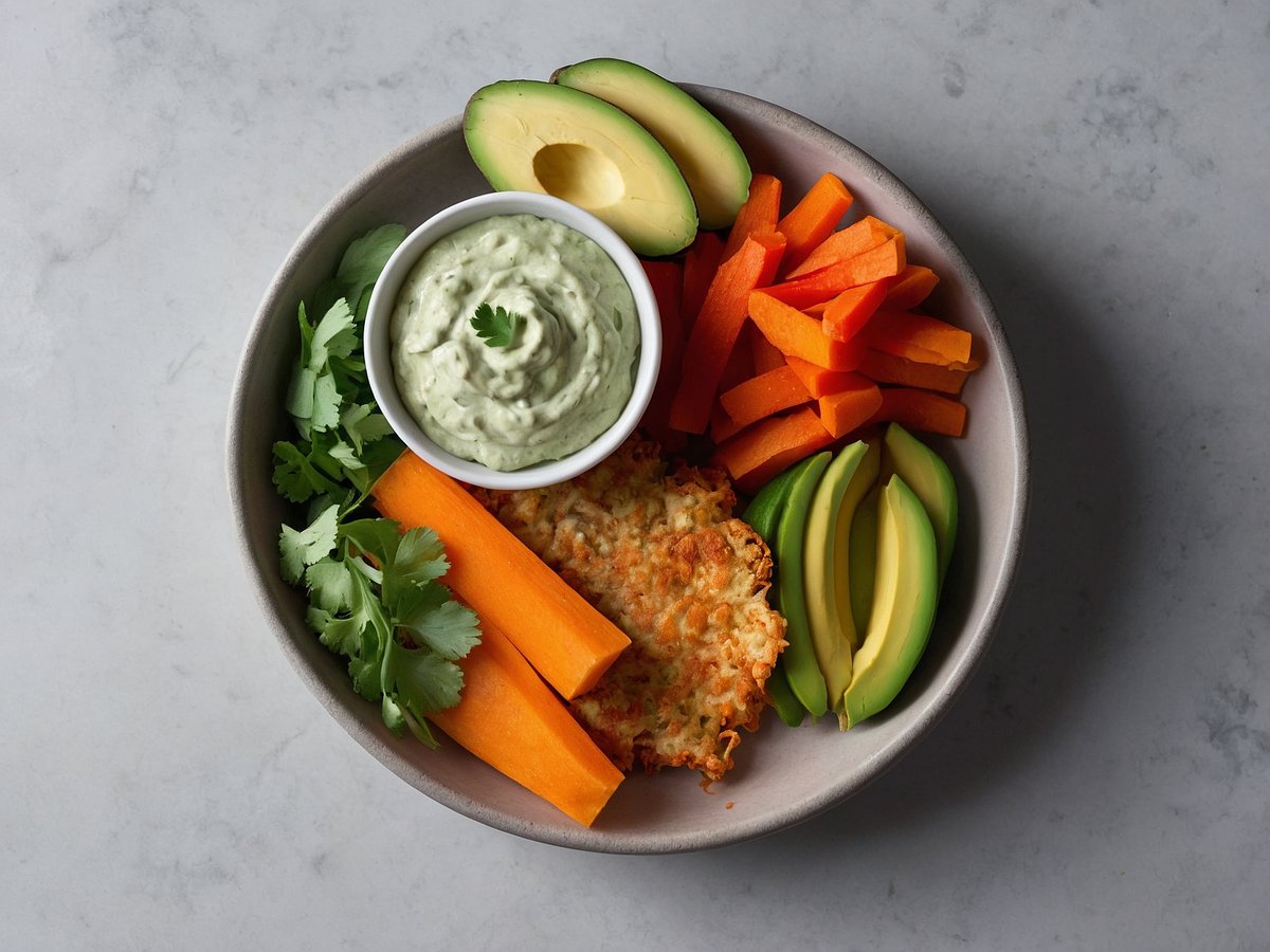 In einer runden Schüssel sind verschiedene frische Gemüse- und Obstsorten angerichtet, darunter knusprige Karottenstreifen, Avocadohälften, und ungeschälte Bananen. In der Mitte befindet sich eine Portion cremigen Dips, der vielleicht auf Avocado basiert. Ein paar frische Kräuter, wahrscheinlich Koriander, runden das gesunde Gericht ab und bieten leckere, knusprige Genussmomente.