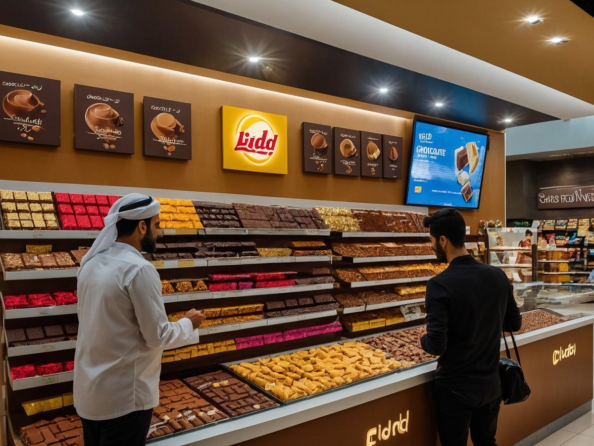 In einem modernen Verkaufsraum stehen zwei Männer vor einem eleganten Regal voller Schokolade. Eine große Leuchtreklame mit dem Logo von Lidl ist sichtbar, ebenso wie verschiedene Sorten von Schokolade in vielen Farben und Formen, die ordentlich angeordnet sind. Hinter den Männern befinden sich Schilder mit unterschiedlichen Schokoladensorten, und ein Bildschirm zeigt Werbung für Schokolade. Der Raum ist gut beleuchtet und hat eine ansprechende, einladende Atmosphäre.