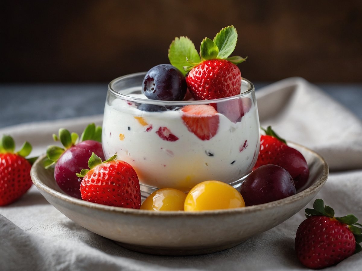 Ein Glas mit einer sahnigen Dessertcreme ist gefüllt mit frischen Erdbeeren und Heidelbeeren sowie bunten Fruchtstückchen. Das Glas steht auf einem Teller, umgeben von saftigen roten und lila Trauben und leuchtend gelben Fruchtstücken. Die Farben und Texturen der Früchte verleihen dem Arrangement eine einladende und appetitliche Ausstrahlung, ideal für einen süßen Genuss.