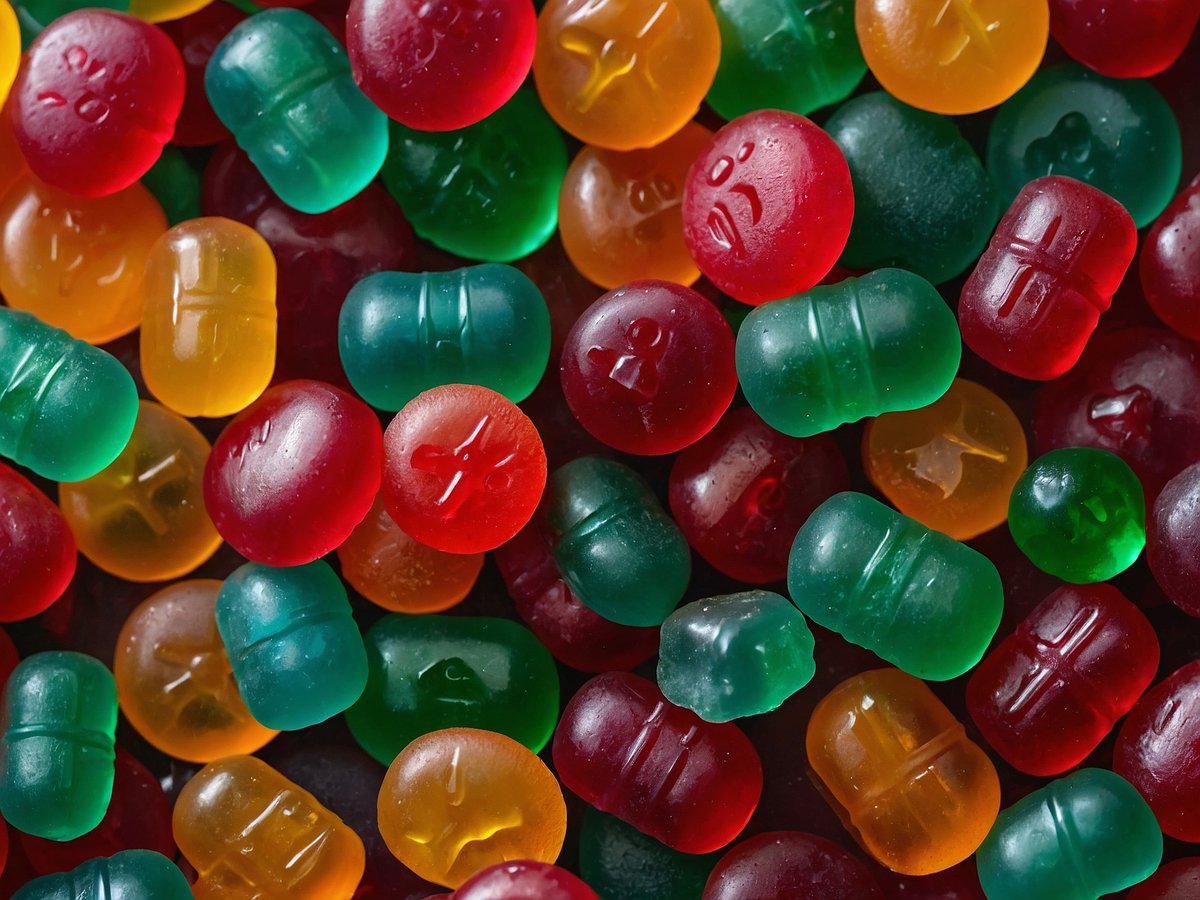 Giftige Muscimol-Gummis im Umlauf - Sofort vom Verzehr absehen. Das Bild zeigt eine Vielzahl von bunten Gummibärchen in verschiedenen Farben und Formen, darunter rote, grüne, gelbe und orange Gummis. Einige haben die Form von Kapseln, während andere rund sind. Die Oberfläche der Gummis erscheint glänzend und die verschiedenen Farben sorgen für einen frischen und ansprechenden visuellen Eindruck.