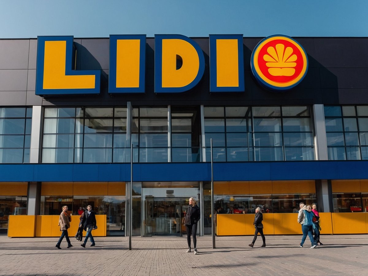 Das Bild zeigt die Fassade eines Lidl-Supermarktes. Über dem Eingang ist das große, leuchtend gelbe Lidl-Logo mit roter Umrandung und einem charakteristischen Symbol zu sehen. Vor dem Geschäft sind mehrere Personen zu sehen, die sich in verschiedene Richtungen bewegen. Die Architektur des Gebäudes besteht aus großen Fenstern und einer modernen, ansprechenden Gestaltung. Der Himmel ist klar und blau, was auf ein sonniges Wetter hindeutet.