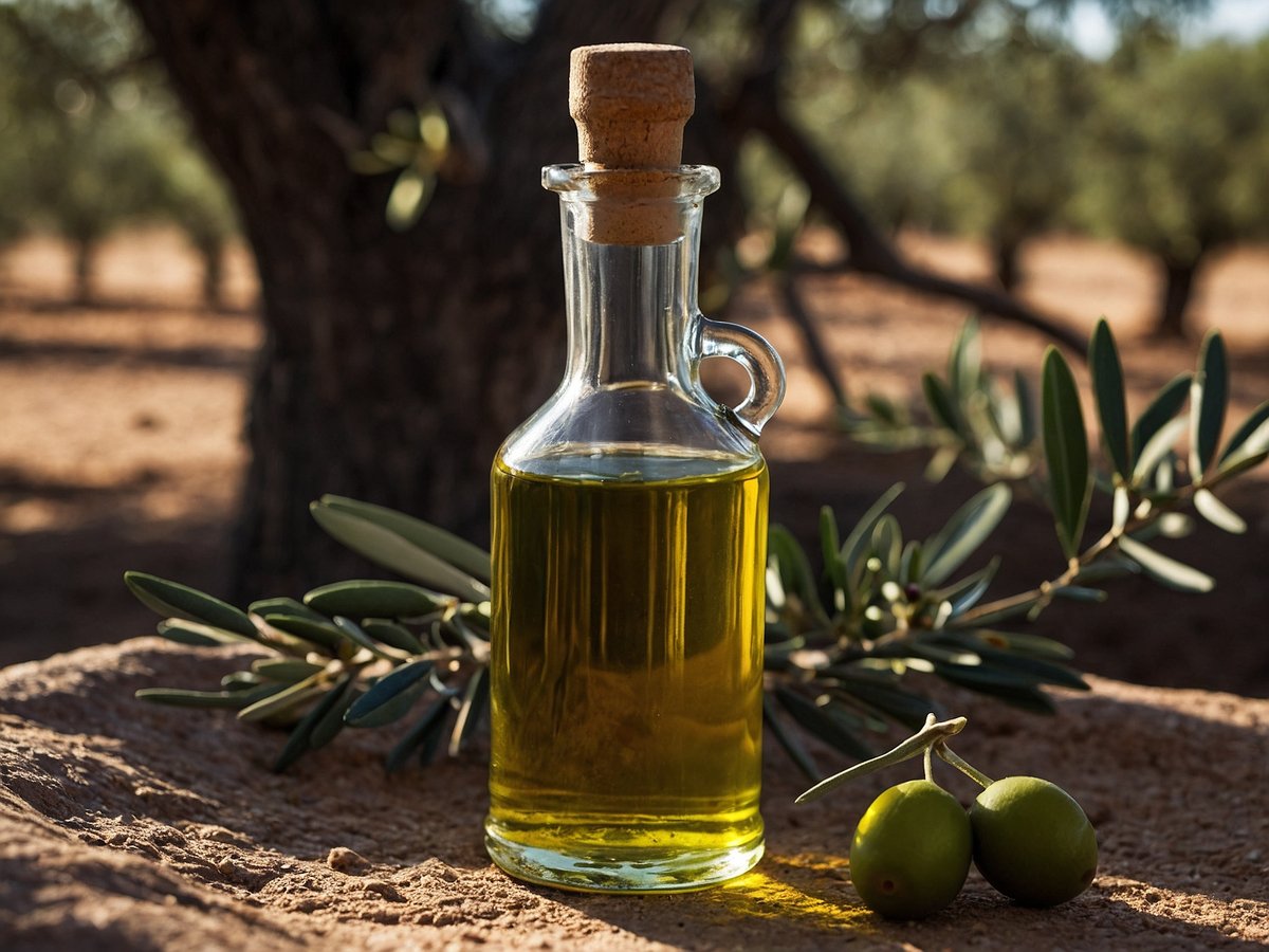 Eine Glasflasche mit Olivenöl steht auf einer Steinoberfläche. Daneben liegen zwei grüne Oliven und einige Olivenblätter sind sichtbar. Im Hintergrund sind alte Olivenbäume zu sehen, die eine ländliche Atmosphäre schaffen. Die Beleuchtung ist warm und erzeugt eine einladende Stimmung.