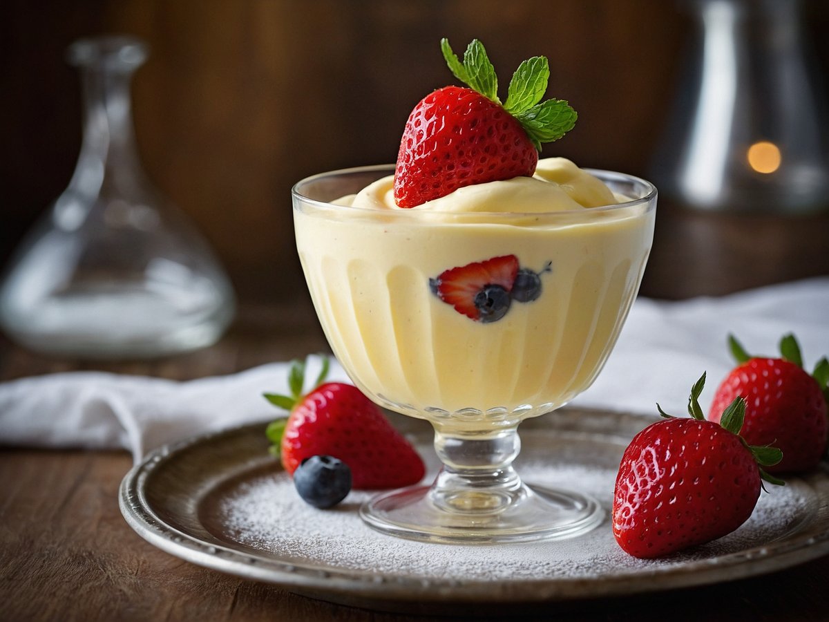 In einer eleganten Schale ist eine cremige Zabaione zu sehen, garniert mit frischen Erdbeeren und einem Blatt Minze. Daneben liegen mehrere Erdbeeren und eine Heidelbeere, alles auf einem silbernen Teller mit etwas Puderzucker bestäubt. Im Hintergrund ist eine unscharfe Glasflasche zu erkennen, die dem Bild eine warme, rustikale Atmosphäre verleiht.