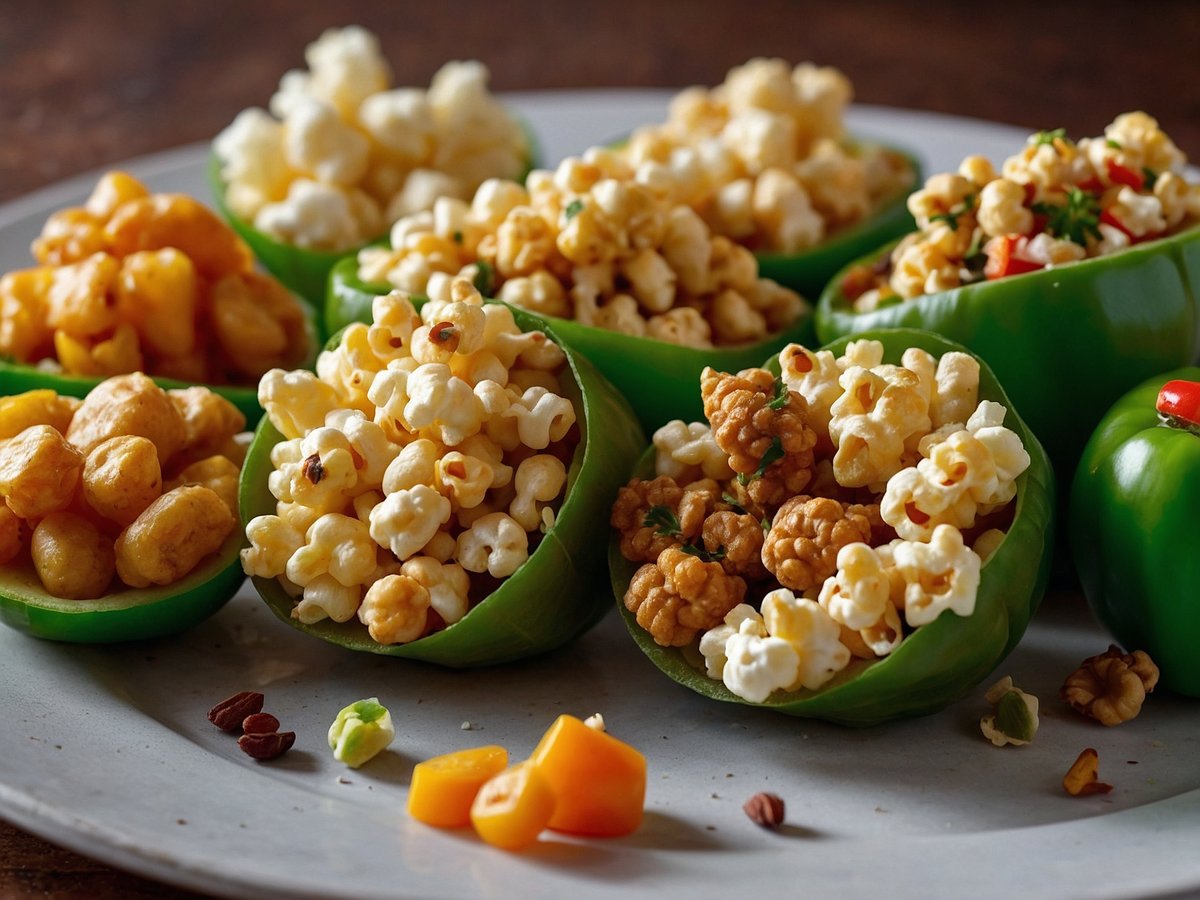 Auf dem Bild sind grüne Paprikaschoten zu sehen, die mit verschiedenen Sorten Popcorn gefüllt sind. Die Paprikaschoten sind auf einem grauen Teller angerichtet und enthalten eine Kombination aus gelbem, weißem und karamellisiertem Popcorn. Einige der Paprikaschoten sind mit kleinen Kräutern und Gewürzen garniert. Daneben liegen einige weitere Snacks, darunter kleine orangefarbene Käsewürfel und einige Gewürze, die das Gesamtbild abrunden.