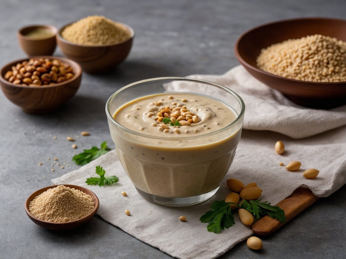 Das Bild zeigt eine Schüssel mit einer cremigen Tahin-Sauce, die mit gerösteten Pinienkernen und frischem Koriander dekoriert ist. Um die Schüssel herum sind verschiedene Zutaten angeordnet, darunter eine kleine Schale mit gemahlenem Sesam, eine weitere mit ganzen Erdnüssen und eine Schale mit ungemahlenem Sesam. Im Hintergrund ist eine gräuliche Oberfläche zu sehen, auf der auch einige Sesamkörner verstreut sind.