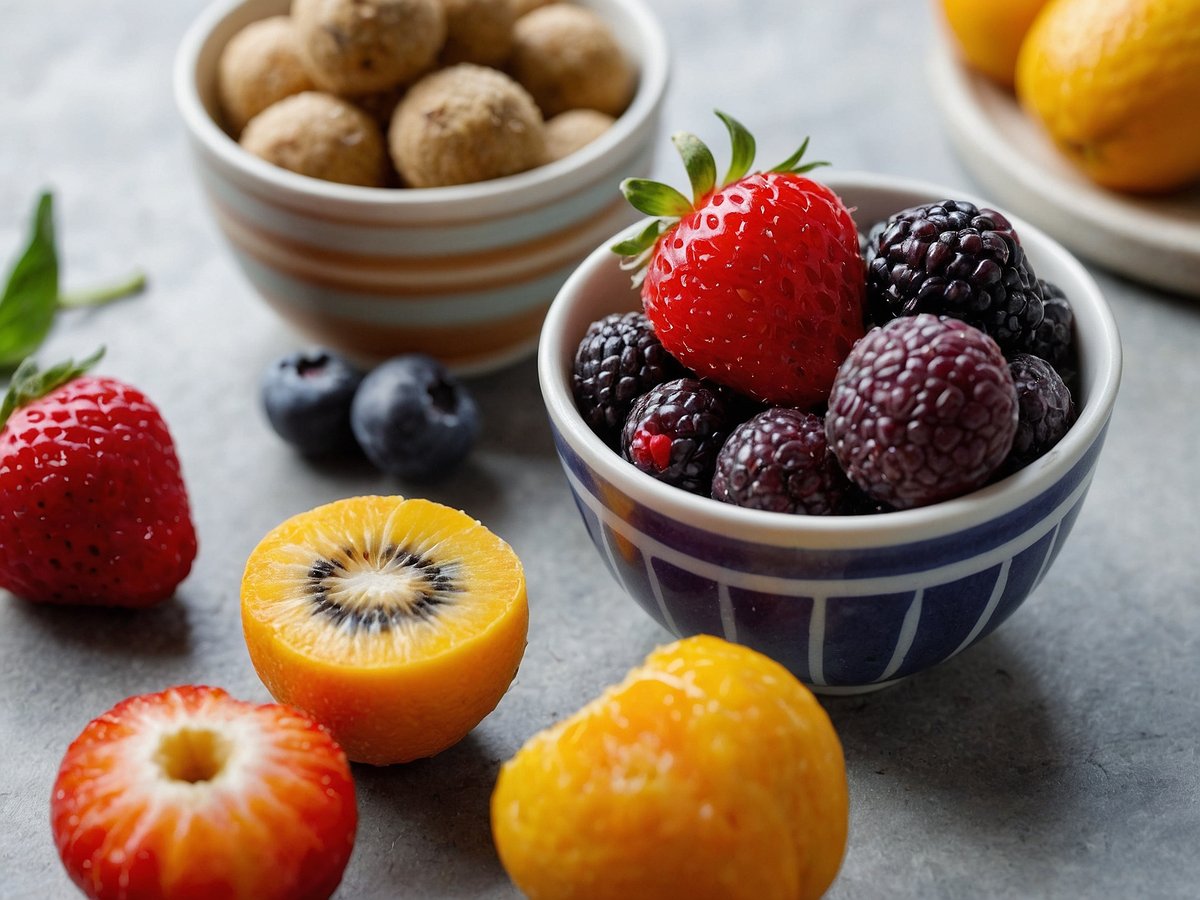 Auf dem Bild sind verschiedene Obstsorten und Snacks zu sehen. In einer kleinen Schüssel befinden sich eine Vielzahl von Beeren, darunter rote Erdbeeren, schwarze und rote Himbeeren sowie Heidelbeeren. Neben der Schüssel liegt eine gelbe Frucht mit einer besonderen Schnittkante, während mehrere halbe Erdbeeren und eine orangefarbene Frucht im Vordergrund platziert sind. Im Hintergrund steht eine weitere Schüssel mit Snacks, die rund und hell sind, und einige gelbe Früchte befinden sich auf einem Teller.