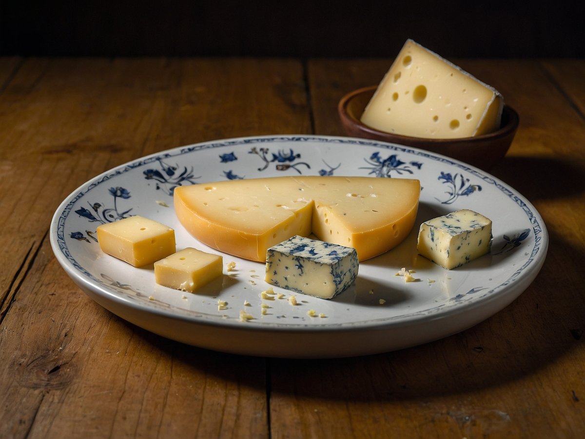 Auf dem Bild ist ein Teller mit verschiedenen Käsesorten zu sehen. Es sind mehrere Käsewürfel in unterschiedlichen Größen zu erkennen, darunter ein gelber Käse und ein Blauschimmelkäse. Ein größerer Käsestück in Form eines Dreiecks befindet sich ebenfalls auf dem Teller. Im Hintergrund sieht man einen zusätzlich kleinen runden Teller mit einem weiteren Käsestück. Der Teller hat ein dekoratives Muster in Blau und der Untergrund besteht aus Holz. Es gibt einige Bröckchen Käse, die von den Käsewürfeln abgebrochen sind. Warnung: Käse Assiette nature Morbier moutarde wegen E. coli-Bakterien vom Markt genommen.