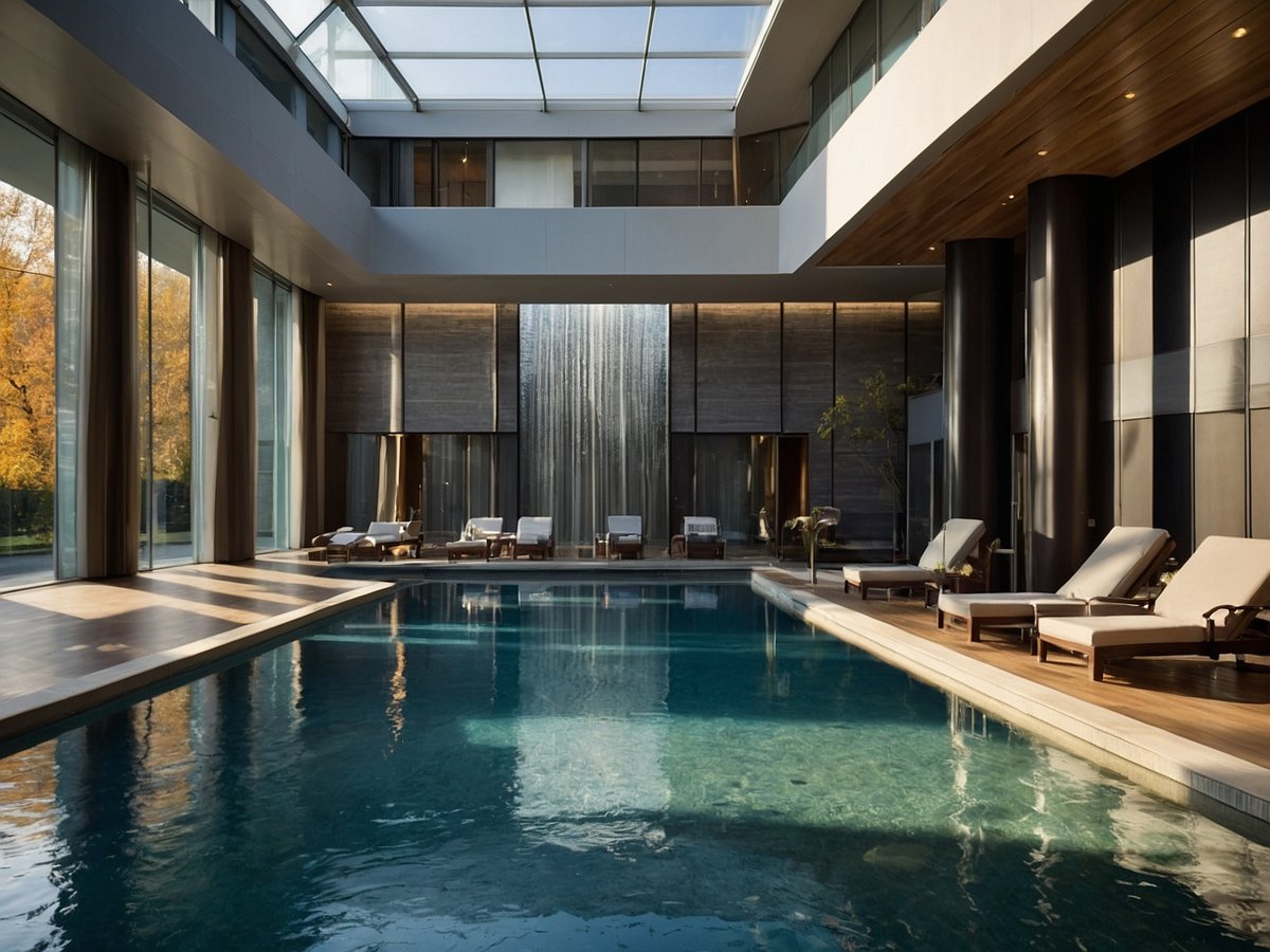 Eine luxuriöse Spa-Landschaft im Mandarin Oriental, München, mit einem eleganten Innenpool. Der Pool ist von großen Fenstern umgeben, die viel Tageslicht hereinlassen. Über dem Pool hängt eine moderne Wasserfallinstallation, die eine entspannende Atmosphäre schafft. Auf der Holzterrasse stehen bequeme Liegen, ideal zum Entspannen. Im Hintergrund spiegeln sich bunte Herbstbäume im Wasser, was dem Raum eine harmonische und ruhige Ausstrahlung verleiht.