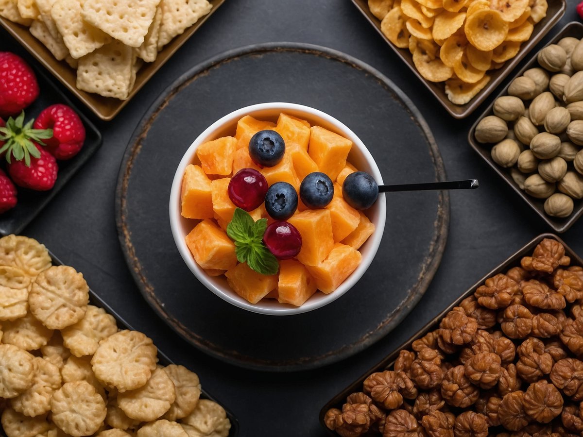 Auf dem Bild sind verschiedene kalorienarme Snacks zu sehen, die ansprechend angerichtet sind. In der Mitte befindet sich eine Schüssel mit frisch geschnittenen Früchten, darunter orangefarbene Melonenstücke, dazu Blaubeeren und rote Johannisbeeren, garniert mit einem Blatt Minze. Rund um die Schüssel sind verschiedene Snacks wie knusprige Kekse, getrocknete Bananenstücke, Nüsse und frische Himbeeren angeordnet. Diese vielfältigen Snacks sind ideal für Senioren, da sie nährstoffreich sind und helfen, das Gewicht zu kontrollieren, während sie gleichzeitig Vitamine und Mineralstoffe liefern.